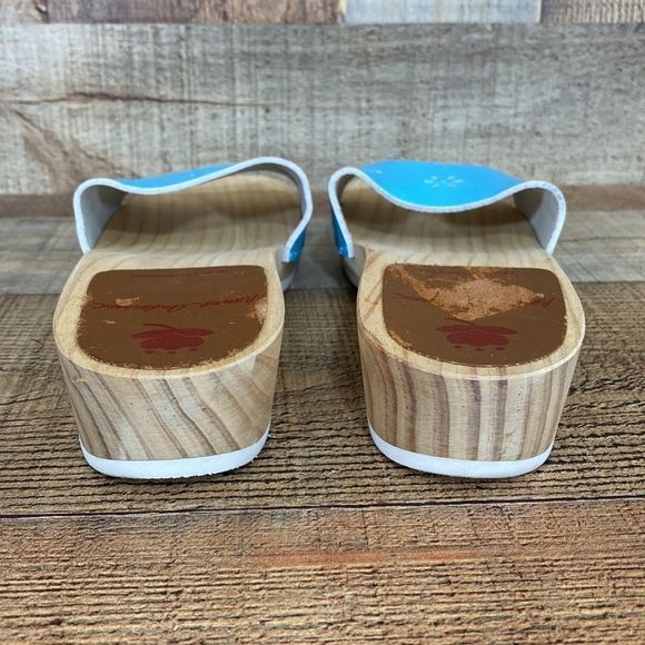 Hanna Andersson Blue Laser Cutout Slides Wood Sandals Womens 39 Slip On - Picture 10 of 16